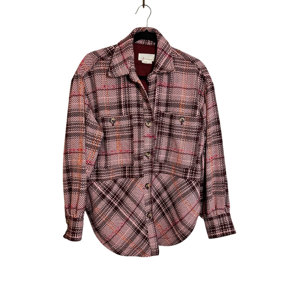 Anthropologie Plaid Button Down Shirt Jacket Shacket‎ Size M Pink Purple Plaid